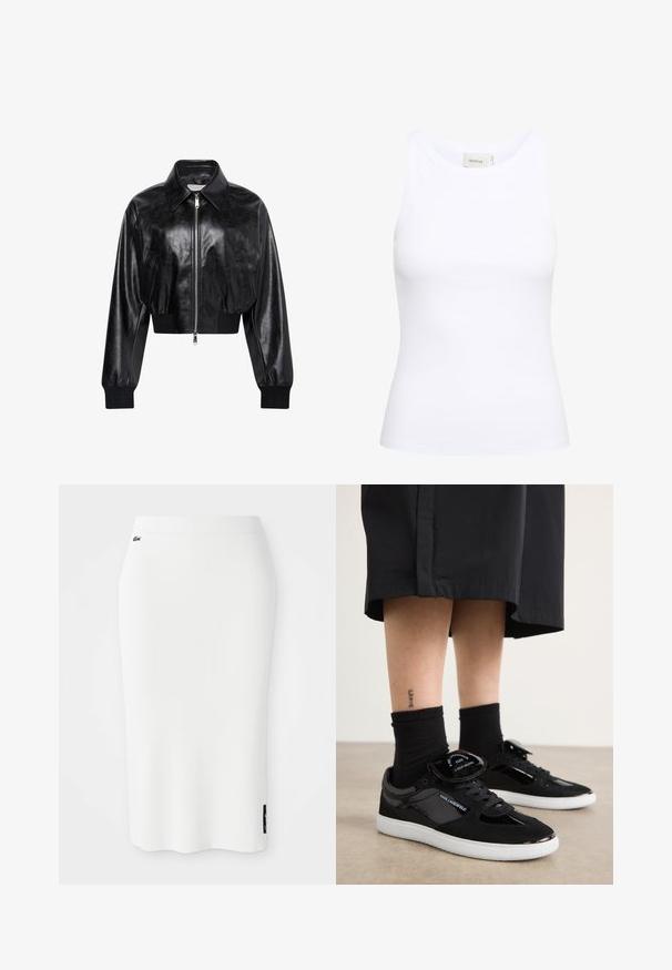 Chaqueta bomber corta negra brillante con cremallera completa en el frente, dos bolsillos laterales, cuello ancho y puños y cintura de punto elástico.; Top sin mangas de canalé blanco con escote redondo. Tejido elástico y diseño ajustado. La etiqueta en la parte posterior dice "GESTUZ."; Falda midi blanca con textura acanalada y silueta ajustada. Cuenta con una etiqueta de la marca negra en un lado. El material tiene una textura suave y una cinturilla elástica.; Zapatillas negras con materiales de ante y charol, con una suela blanca, diseño de cordones y un acento de lengua de marca.