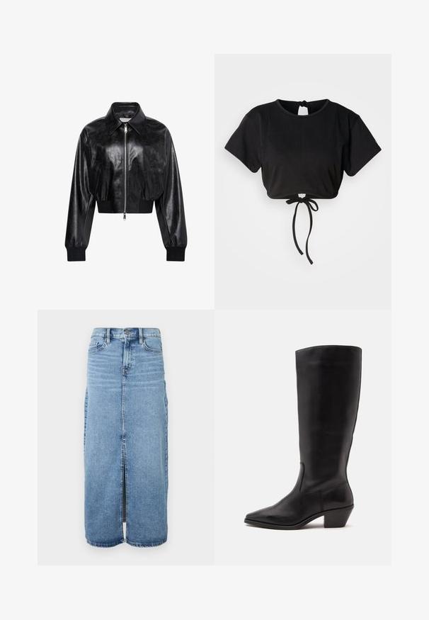 Zwart glanzend cropped bomberjack met volledige voorrits, twee zijzakken, brede kraag en geribde manchetten en tailleband.; Zwarte cropped t-shirt gemaakt van zachte stof, met korte mouwen, een ronde halslijn en een strikdetail op de rug voor aanpassing.; Denim maxi rok in lichtblauw met een split aan de voorkant, knoopsluiting en vijf zakken. Heeft klassieke stiksels en een rechte pasvorm.; Zwarte leren laars tot half op de kuit met een puntige neus en een lage schuine hak op een effen lichte achtergrond.