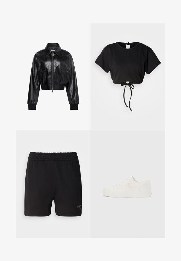 Zwart glanzend cropped bomberjack met volledige voorrits, twee zijzakken, brede kraag en geribde manchetten en tailleband.; Zwarte cropped t-shirt gemaakt van zachte stof, met korte mouwen, een ronde halslijn en een strikdetail op de rug voor aanpassing.; Zwarte katoenen shorts met een elastische tailleband en het Calvin Klein-logo in zilver in de rechteronderhoek. Gladde textuur.; Witte lage sneaker met dikke zool en zijkant "cK" logo, veters aan de voorkant en minimalistisch ontwerp op een neutrale achtergrond.