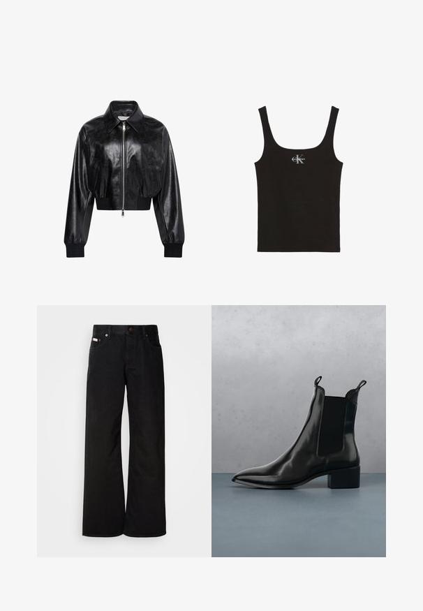 Sort skinnende cropped bomberjakke med fuld frontlynlås, to sidelommer, bred krave samt ribstrikkede ærmegab og taljebånd.; Sort bomulds tanktop med rund halsudskæring og brede skulderstropper. Har et lille trykt "Calvin Klein"-logo på forsiden.; Sorte breddebenede jeans lavet af bomuld. Har forlommer, en knaplukning og en klassisk denimtekstur. Minimalistisk design uden mønstre.; Sort læder Chelsea boot med spids tå, elastiske sidepaneler og en kraftig hæl, hvilende over en overflade med sten- og trædesign.