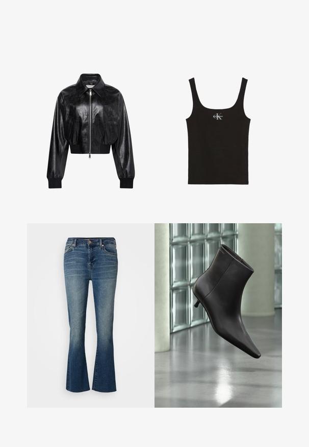 Zwart glanzend cropped bomberjack met volledige voorrits, twee zijzakken, brede kraag en geribde manchetten en tailleband.; Zwart geribbeld tanktop met brede bandjes en wit Calvin Klein-logo in het midden van de borst, tegen een witte achtergrond.; Denim flare jeans in een medium blauwe was, met een hoge taille, vijf zakken en subtiele wassing aan de voorkant.; Zwarte leren enkellaars met puntige neus en lage hak, afgebeeld tegen een glazen blokkenmuur en gepolijste vloer op de achtergrond.