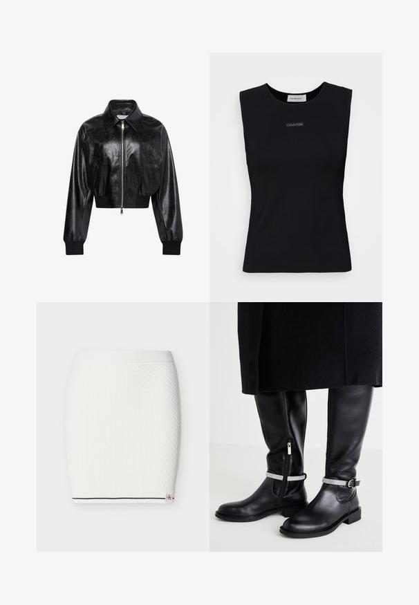 Sort skinnende cropped bomberjakke med fuld frontlynlås, to sidelommer, bred krave samt ribstrikkede ærmegab og taljebånd.; Sort ærmeløs top lavet af glat stof. Har en rund halsudskæring og et lille Calvin Klein-logo i midten. Simpelt og tætsiddende design.; Hvid strikket nederdel med tekstureret kabelmønster, elastik i taljen og en marineblå stribe langs bundkanten med et lille mærkelogo.; Sorte læderknæhøje støvler med en sidelukning, der har et sølvfarvet accentbånd om anklen og en lav blokhæl.