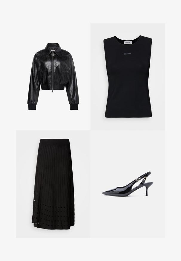 Chaqueta bomber corta negra brillante con cremallera completa en el frente, dos bolsillos laterales, cuello ancho y puños y cintura de punto elástico.; Top negro sin mangas de tejido suave. Presenta un cuello redondo y un pequeño logo de Calvin Klein en el centro. Diseño simple y ajustado.; Falda negra plisada con una cinturilla acanalada, que presenta un patrón de recortes redondeados cerca del dobladillo, fabricada con una textura de tela suave.; Zapato de charol negro con tiras traseras, punta afilada, correa ajustable con hebilla y tacón alto y delgado. Presenta un diseño con recortes abiertos en los lados.
