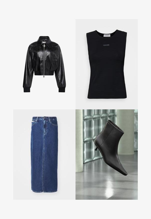 Sort skinnende cropped bomberjakke med fuld frontlynlås, to sidelommer, bred krave samt ribstrikkede ærmegab og taljebånd.; Sort ærmeløs top lavet af glat stof. Har en rund halsudskæring og et lille Calvin Klein-logo i midten. Simpelt og tætsiddende design.; Mørkeblå denimnederdel, knælang, med slidse foran, traditionel talje og fem-lommes design med kontrasterende syninger.; Sort læderankelstøvle med spids tå og lille hæl vist mod en væg af glasblokke og poleret gulv baggrund.