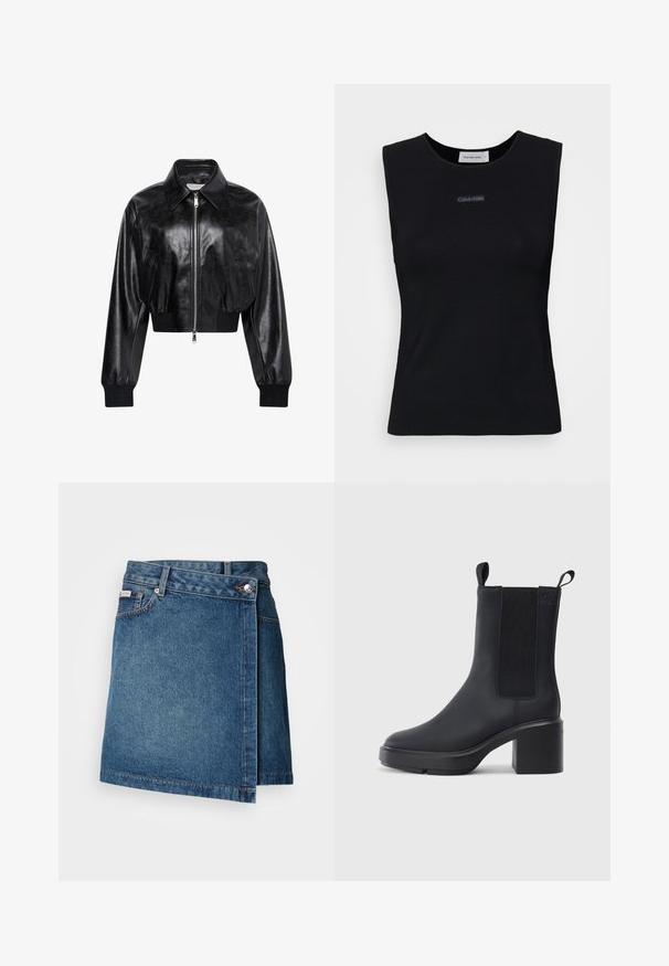 Sort skinnende cropped bomberjakke med fuld frontlynlås, to sidelommer, bred krave samt ribstrikkede ærmegab og taljebånd.; Sort ærmeløs top lavet af glat stof. Har en rund halsudskæring og et lille Calvin Klein-logo i midten. Simpelt og tætsiddende design.; Denim nederdel i mellemblå med wrap-design, der har en knap- og lynlåslukning, samt synlig stikning langs kanten.; Sorte ankelstøvler i glat gummimateriale, med elastiske sidepaneler, blokhæle og trækskilt øverst for nem påtagning.