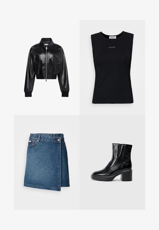Sort skinnende cropped bomberjakke med fuld frontlynlås, to sidelommer, bred krave samt ribstrikkede ærmegab og taljebånd.; Sort ærmeløs top lavet af glat stof. Har en rund halsudskæring og et lille Calvin Klein-logo i midten. Simpelt og tætsiddende design.; Denim nederdel i mellemblå med wrap-design, der har en knap- og lynlåslukning, samt synlig stikning langs kanten.; Sorte patenterede læderankelstøvler med en buet tå, elastiske sidepaneler og en kraftig blokhæl. Har et præget logo på bagsiden.