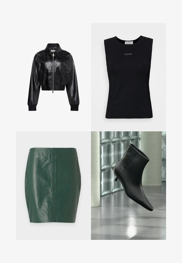 Zwart glanzend cropped bomberjack met volledige voorrits, twee zijzakken, brede kraag en geribde manchetten en tailleband.; Zwart mouwloos topje gemaakt van gladde stof. Heeft een ronde halslijn en een klein Calvin Klein-logo in het midden. Eenvoudig en aansluitend ontwerp.; Groene leren minirok met een gladde textuur en een getailleerde pasvorm. Heeft een naadloos ontwerp zonder zichtbare sluitingen of hardware.; Zwarte leren enkellaars met spits toelopende neus en lage kittenhak, schuin weergegeven tegen een gepolijste vloer en een glazen blokken muur als achtergrond.