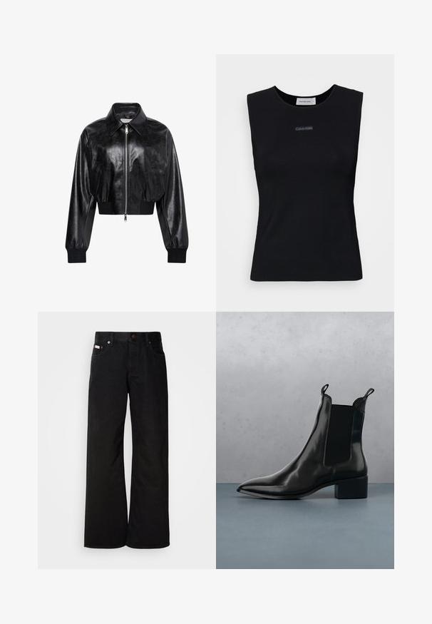 Sort skinnende cropped bomberjakke med fuld frontlynlås, to sidelommer, bred krave samt ribstrikkede ærmegab og taljebånd.; Sort ærmeløs top lavet af glat stof. Har en rund halsudskæring og et lille Calvin Klein-logo i midten. Simpelt og tætsiddende design.; Sorte breddebenede jeans lavet af bomuld. Har forlommer, en knaplukning og en klassisk denimtekstur. Minimalistisk design uden mønstre.; Sort læder Chelsea boot med spids tå, elastiske sidepaneler og en kraftig hæl, hvilende over en overflade med sten- og trædesign.