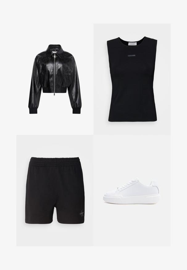 Sort skinnende cropped bomberjakke med fuld frontlynlås, to sidelommer, bred krave samt ribstrikkede ærmegab og taljebånd.; Sort ærmeløs top lavet af glat stof. Har en rund halsudskæring og et lille Calvin Klein-logo i midten. Simpelt og tætsiddende design.; Sorte bomuldsshorts med elastisk talje og Calvin Klein-logo i sølv i nederste højre hjørne. Glat tekstur.; Hvid lavtop-sneaker med snørelukning, tyk sål og glat overdel, vist fra ydersiden mod en ensartet lys baggrund.