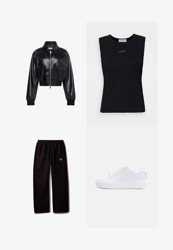 Zwart glanzend cropped bomberjack met volledige voorrits, twee zijzakken, brede kraag en geribde manchetten en tailleband.; Zwart mouwloos topje gemaakt van gladde stof. Heeft een ronde halslijn en een klein Calvin Klein-logo in het midden. Eenvoudig en aansluitend ontwerp.; Zwarte wijde broek met elastische tailleband en zijzakken, met een klein Calvin Klein logo-patch op de rechterdij.; Witte lage sneaker met vetersluiting, dikke zool en glad bovenwerk, gezien vanaf de buitenkant tegen een effen lichte achtergrond.