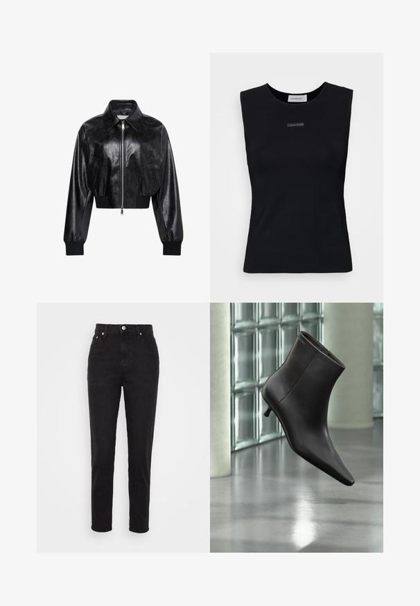 Sort skinnende cropped bomberjakke med fuld frontlynlås, to sidelommer, bred krave samt ribstrikkede ærmegab og taljebånd.; Sort ærmeløs top lavet af glat stof. Har en rund halsudskæring og et lille Calvin Klein-logo i midten. Simpelt og tætsiddende design.; Sorte højtaljede slim-fit jeans med frontknap, bæltesløjfer og fem-lomme design på hvid baggrund.; Sort læderankelstøvle med spids tå og lille hæl vist mod en væg af glasblokke og poleret gulv baggrund.