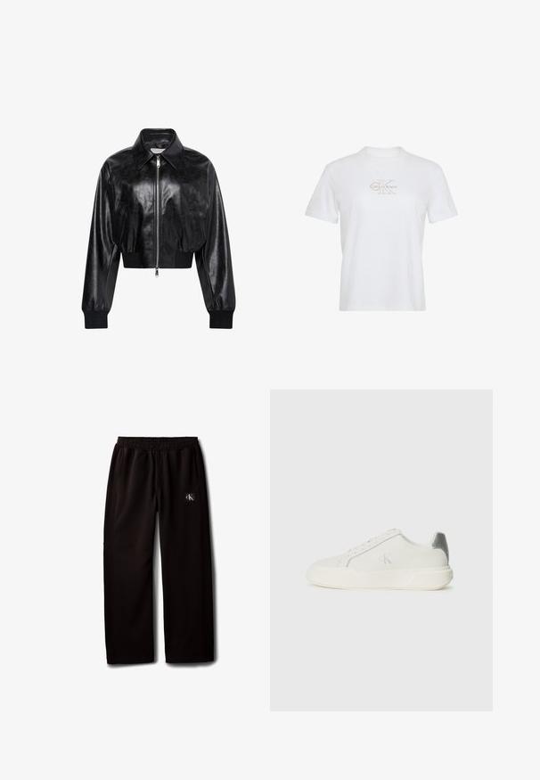 Sort skinnende cropped bomberjakke med fuld frontlynlås, to sidelommer, bred krave samt ribstrikkede ærmegab og taljebånd.; Hvid bomuld T-shirt med korte ærmer, rund hals og et guldprintet Calvin Klein-logo på forsiden.; Sorte vidde bukser med elastisk taljebånd og sidelommer, med en lille Calvin Klein-logo patch på højre lår.; Hvide sneakers lavet af læder med en glat tekstur, forsynet med en sølvaccent på hælen, flad sål og minimalistisk design.