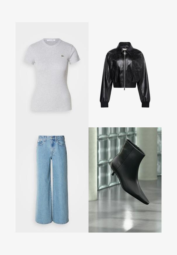 Chaqueta bomber corta negra brillante con cremallera completa en el frente, dos bolsillos laterales, cuello ancho y puños y cintura de punto elástico.; Camiseta ajustada de manga corta en gris claro con cuello redondo y un pequeño logotipo de cocodrilo verde de Lacoste en el lado izquierdo del pecho.; Jeans de mezclilla de corte ancho en un tono azul claro, con cintura alta, diseño de cinco bolsillos y un ligero desgastado en la tela.; Botín negro de cuero con punta puntiaguda y tacón bajo estilo kitten, mostrado en ángulo sobre un suelo pulido y con una pared de bloques de vidrio de fondo.