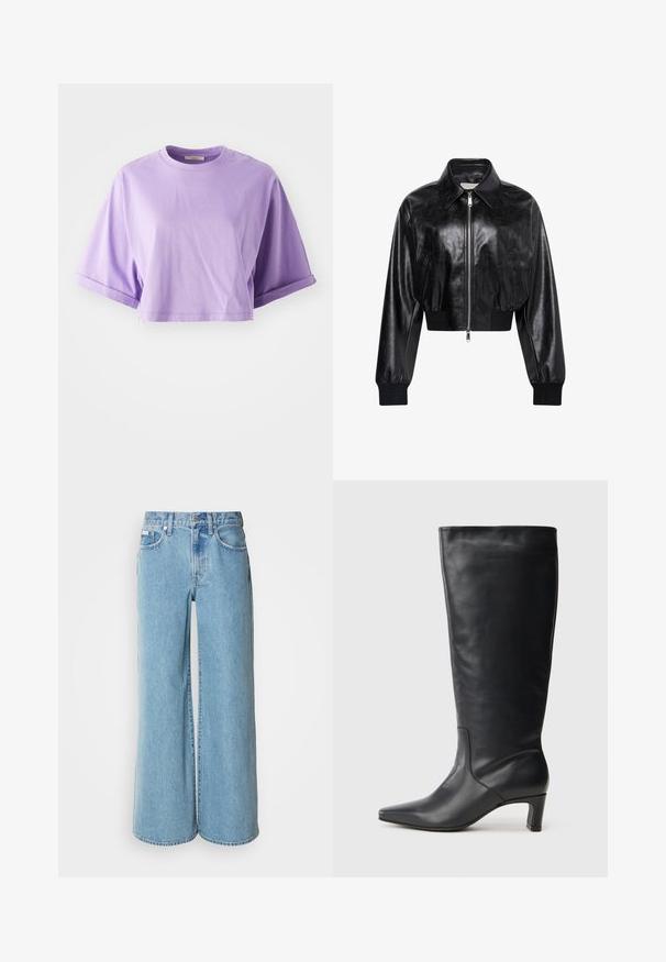 Veste bomber courte noire brillante avec fermeture éclair intégrale à l'avant, deux poches latérales, large col et poignets et ceinture côtelés.; T-shirt à manches courtes, courte, en coton violet clair. Il présente un décolleté rond et des poignets roulés, une texture lisse avec des détails minimaux.; Jean large bleu clair en denim, avec une taille haute, un design à cinq poches et un léger dégradé sur le tissu.; Botte noire en cuir montant jusqu'au genou, avec un bout pointu, une texture lisse, un design minimal et un talon de hauteur moyenne. Logo subtil sur le dessus.