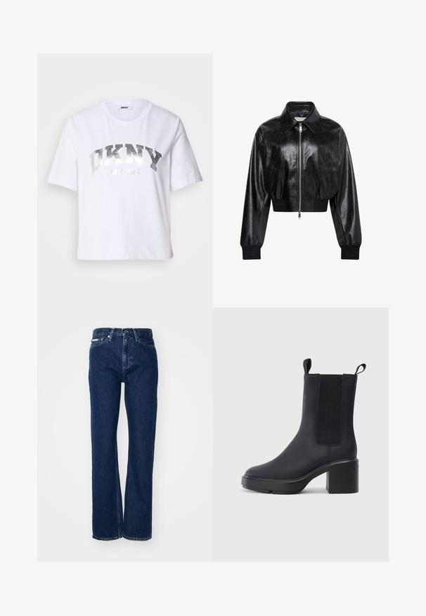 Chaqueta bomber corta negra brillante con cremallera completa en el frente, dos bolsillos laterales, cuello ancho y puños y cintura de punto elástico.; Camiseta corta blanca de algodón, con un estampado metálico plateado que dice "DKNY" y "New York" en letras grandes y en negrita.; Vaqueros de mezclilla azul oscuro con piernas rectas, cierre de botón y cinco bolsillos. La tela tiene una ligera textura con sutiles detalles en la costura.; Botín negro de tobillo hecho de un material de goma liso, con paneles laterales elásticos, tacón bloque y tiradores en la parte superior para facilitar su uso.