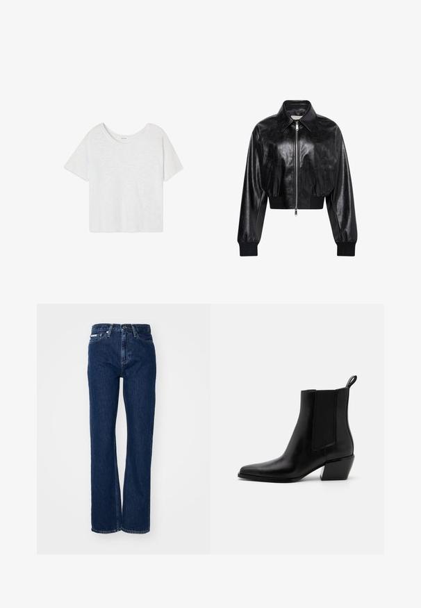 Chaqueta bomber corta negra brillante con cremallera completa en el frente, dos bolsillos laterales, cuello ancho y puños y cintura de punto elástico.; Camiseta corta blanca lisa de manga corta con cuello redondo, exhibida sobre un fondo blanco.; Vaqueros de mezclilla azul oscuro con piernas rectas, cierre de botón y cinco bolsillos. La tela tiene una ligera textura con sutiles detalles en la costura.; Botas de tobillo de cuero negro con punta afilada, paneles laterales elásticos y un tacón bajo en bloque. Cuenta con una lengüeta en el talón para facilitar su uso.