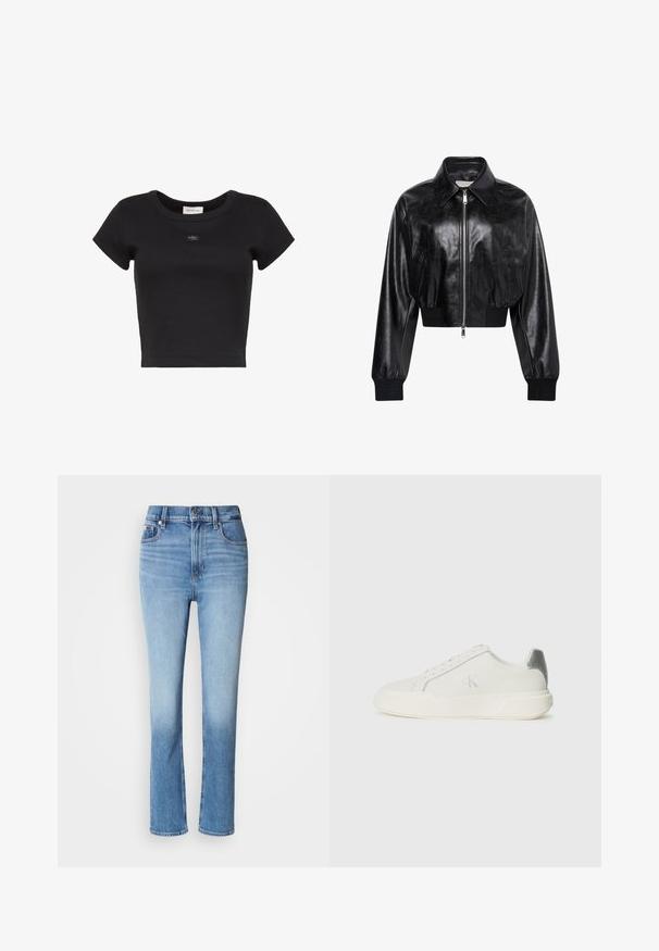 Sort skinnende cropped bomberjakke med fuld frontlynlås, to sidelommer, bred krave samt ribstrikkede ærmegab og taljebånd.; Sort cropped kortærmet ribstrikket T-shirt med rund halsudskæring og lille Calvin Klein-logo patch centreret på brystet.; Blå denimjeans med høj talje, lige ben-design, falmede farvegradient og fem-lomme stil. Metalknap- og lynlås-lukning.; Hvide sneakers lavet af læder med en glat tekstur, forsynet med en sølvaccent på hælen, flad sål og minimalistisk design.