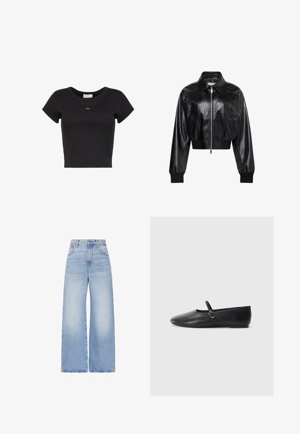 Zwart glanzend cropped bomberjack met volledige voorrits, twee zijzakken, brede kraag en geribde manchetten en tailleband.; Zwart cropped T-shirt met korte mouwen, geribbeld, met een ronde halslijn en een klein Calvin Klein-logo op het midden van de borst.; Lichtblauwe high waist jeans met wijde pijpen, voorzien van een knoop- en ritssluiting aan de voorkant, zakken aan de voor- en achterkant, en een lichte distressed uitvoering op de rechterzak.; Zwarte leren balletschoenen met een spitse neus, platte zool en een kleine strap met een zilveren gespsluiting.