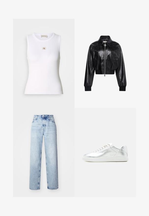 Zwart glanzend cropped bomberjack met volledige voorrits, twee zijzakken, brede kraag en geribde manchetten en tailleband.; Wit geribd mouwloos tanktop met Calvin Klein Jeans-label op de borst en binnenhalslabel.; Lichtblauwe high-waisted jeans met een losse pasvorm, met rechte pijpen, vijf zakken en een klassieke knoop- en ritssluiting.; Low-top metallic zilverkleurige sneaker met witte zool en veters, gladde textuur en subtiele reliëfbranding aan de zijkant.