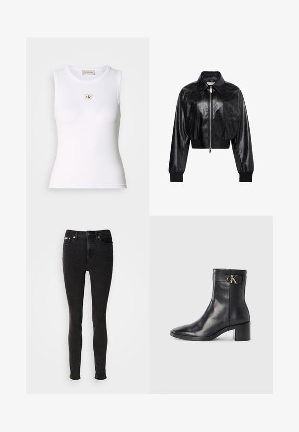 Zwart glanzend cropped bomberjack met volledige voorrits, twee zijzakken, brede kraag en geribde manchetten en tailleband.; Wit geribd mouwloos tanktop met Calvin Klein Jeans-label op de borst en binnenhalslabel.; Zwarte skinny jeans van denim met een gladde textuur, voorzien van een ontwerp met vijf zakken, riemlussen en metalen knoopsluiting.; Zwarte leren enkellaars met een spitse neus, blokhak en een bandje met een metallic logo. Gladde textuur en minimalistisch ontwerp.