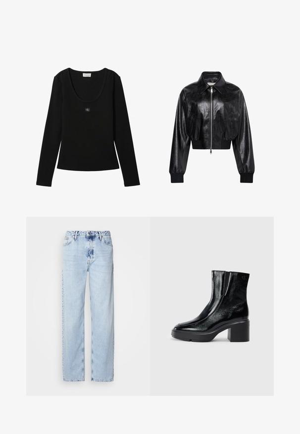 Chaqueta bomber corta negra brillante con cremallera completa en el frente, dos bolsillos laterales, cuello ancho y puños y cintura de punto elástico.; Top negro de manga larga acanalado con escote redondo y pequeño parche con el logo de Calvin Klein centrado en el pecho.; Jeans de pierna ancha en azul claro, confeccionados en denim, con una cintura alta, un lavado desgastado y un sutil patrón de tie-dye en la parte delantera.; Botas de tobillo de charol negro con puntera curva, paneles laterales elásticos y un tacón ancho. Presentan un logo embosado en la parte posterior.