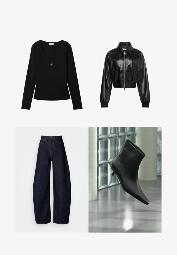 Sort skinnende cropped bomberjakke med fuld frontlynlås, to sidelommer, bred krave samt ribstrikkede ærmegab og taljebånd.; Sort langærmet ribbet top med rund halsudskæring og lille Calvin Klein logo patch centreret på brystet.; Mørkeblå brede jeans i denim, med høj talje, lige pasform, fem lomme-design og kontrastsyninger.; Sort læderankelstøvle med spids tå og lav kitten-hæ, vist vinklet mod en poleret gulv- og glasblokvæg.