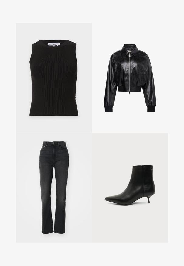 Veste bomber courte noire brillante avec fermeture éclair intégrale à l'avant, deux poches latérales, large col et poignets et ceinture côtelés.; Débardeur noir côtelé avec un col rond, présentant une coupe ajustée et une texture subtile. Les côtes s'étendent sur tout le tissu.; Jeans en denim noir taille haute avec jambes droites, design à cinq poches, fermeture à bouton à l'avant et détails de couture minimaux.; Bottine en cuir noir avec bout pointu et petit talon kitten sur fond clair, vue côté extérieur.