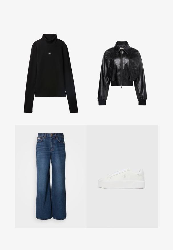 Sort skinnende cropped bomberjakke med fuld frontlynlås, to sidelommer, bred krave samt ribstrikkede ærmegab og taljebånd.; Sort ribstrikket bluse med lange ærmer og lille firkantet Calvin Klein-logo placeret centralt på brystet.; Bredde jeans lavet af mørkeblåt denim. Funktioner inkluderer en høj talje, fem lommer og kontrasterende orange syninger langs sømmene.; Hvide platform sneakers med en glat læderoverdel, rund tå, hvide snørebånd og diskret logo-detalje på siden. Flad gummisål.