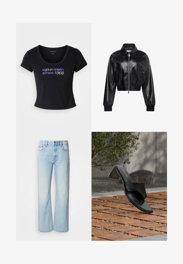 Schwarze glänzende kurze Bomberjacke mit durchgehendem Frontreißverschluss, zwei Seitentaschen, breitem Kragen sowie gerippten Bündchen und Bund.; Schwarzes Baumwoll-T-Shirt mit taillierter Passform, Rundhalsausschnitt, kurzärmlig und mit weißem und lila Text, der "calvin klein seit 1968" zeigt.; Helle blaue weit geschnittene Jeans aus Denim, mit einem klassischen Fünf-Taschen-Design und einer dezenten, gewaschenen Textur. Die Denim-Nähte sind sichtbar.; Schwarze Calvin Klein Sandale mit Absatz und Zehenschlaufe auf einem Holzkachelfußboden im Freien neben einem Baum und einer Steinmauer.