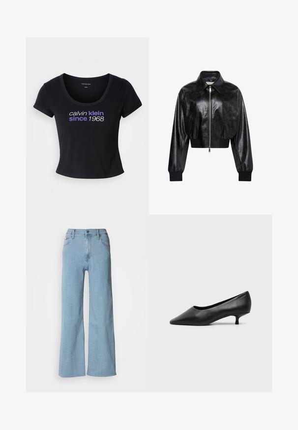 Μαύρο λαμπερό cropped bomber μπουφάν με ολόκληρο μπροστινό φερμουάρ, δύο πλαϊνές τσέπες, φαρδύ γιακά και ριμπ μανσέτες και ζώνη στη μέση.; Μαύρο βαμβακερό T-shirt με εφαρμοστή σχεδίαση, στρογγυλή λαιμόκοψη, κοντά μανίκια και λευκό και μοβ κείμενο που γράφει "calvin klein since 1968."; Ανοιχτό μπλε τζιν παντελόνι με φαρδιά γραμμή, κατασκευασμένο από ντένιμ, με εφαρμοστή μέση, πέντε τσέπες και διακριτές ραφές.; Γυναικείο μαύρο δερμάτινο παπούτσι με χαμηλό τακούνι, μυτερό μπροστινό μέρος και μικρό τακούνι kitten σε απλό ανοιχτό φόντο.
