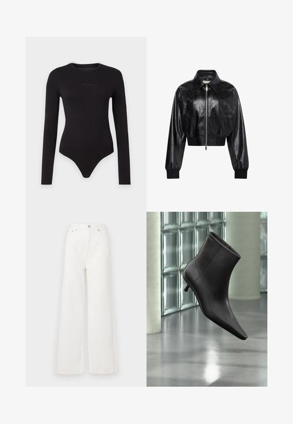 Μαύρο λαμπερό cropped bomber μπουφάν με ολόκληρο μπροστινό φερμουάρ, δύο πλαϊνές τσέπες, φαρδύ γιακά και ριμπ μανσέτες και ζώνη στη μέση.; Μαύρο κορμάκι με μακριά μανίκια, φτιαγμένο από μαλακό ύφασμα, με στρογγυλή λαιμόκοψη και υφασμένο λογότυπο "Guess Jeans" μπροστά.; Λευκά ψηλόμεσα τζιν με φαρδιά πόδια, κατασκευασμένα από υλικό τζιν. Διαθέτουν μπροστινές τσέπες, κλείσιμο με κουμπί και λεπτομέρειες με φθαρμένο στρίφωμα.; Μαύρο δερμάτινο μποτάκι με μυτερή μύτη και μικρό τακούνι, παρουσιάζεται μπροστά σε τοίχο από γυάλινα τετράγωνα και γυαλισμένο δάπεδο.