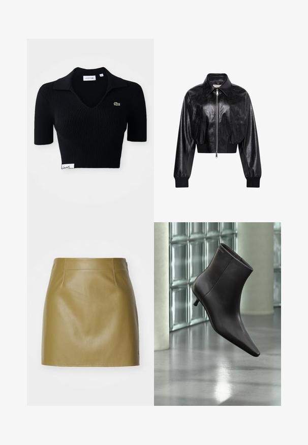 Μαύρο λαμπερό cropped bomber μπουφάν με ολόκληρο μπροστινό φερμουάρ, δύο πλαϊνές τσέπες, φαρδύ γιακά και ριμπ μανσέτες και ζώνη στη μέση.; Μαύρη κοντή πόλο μπλούζα φτιαγμένη από ραβδωτό ύφασμα με V-λαιμό, κοντά μανίκια και πράσινο κεντητό λογότυπο στο αριστερό στήθος. Λευκή ετικέτα στο μανίκι.; Μίνι φούστα από ελαιόχρωμο δέρμα με λείο υφή, που διαθέτει δύο μπροστινές ραφές και ίσια γραμμή, τελειωμένη με μινιμαλιστικές λεπτομέρειες ραφής.; Μαύρο δερμάτινο μποτάκι με μυτερή μύτη και μικρό τακούνι, παρουσιάζεται μπροστά σε τοίχο από γυάλινα τετράγωνα και γυαλισμένο δάπεδο.