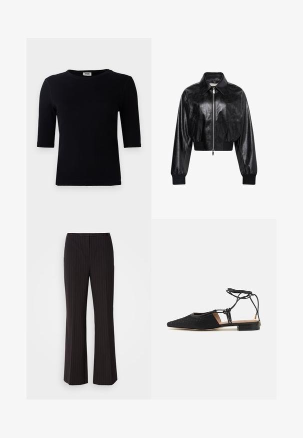 Chaqueta bomber corta negra brillante con cremallera completa en el frente, dos bolsillos laterales, cuello ancho y puños y cintura de punto elástico.; Camiseta negra de canalé con escote redondo y mangas tres cuartos. La tela tiene una textura suave y un dobladillo recto. Sin marcas visibles.; Pantalones de pierna ancha a rayas negras con una tela suave, que presentan una cinturilla de tiro medio y un diseño frontal limpio. Sin bolsillos visibles.; Zapato plano negro con punta afilada, parte superior texturizada, lazos en los tobillos y un tacón bajo cuadrado. Presenta un patrón sutil en el material.