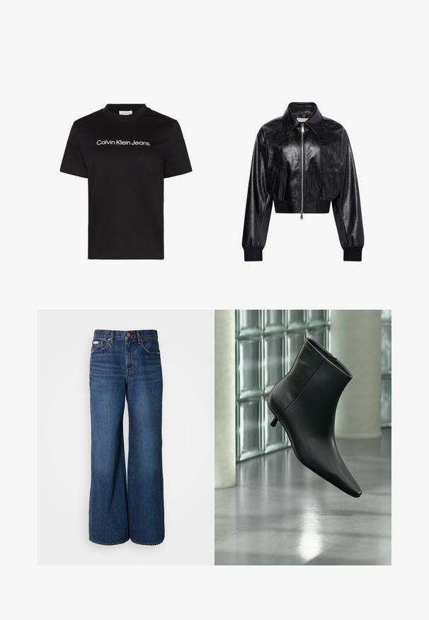 Schwarze glänzende kurze Bomberjacke mit durchgehendem Frontreißverschluss, zwei Seitentaschen, breitem Kragen sowie gerippten Bündchen und Bund.; Schwarzes T-Shirt mit kurzen Ärmeln und weißem "Calvin Klein Jeans"-Text, zentriert auf der Brust und rundem Halsausschnitt.; Weite Jeans aus dunkelblauem Denim. Merkmale sind eine hohe Taille, fünf Taschen und kontrastierender orangefarbener Stitching entlang der Nähte.; Schwarzer Leder-Stiefelette mit spitzer Zehenpartie und niedrigem Kitten-Heel, schräg dargestellt vor einem polierten Boden und einer Glasbausteinwand.