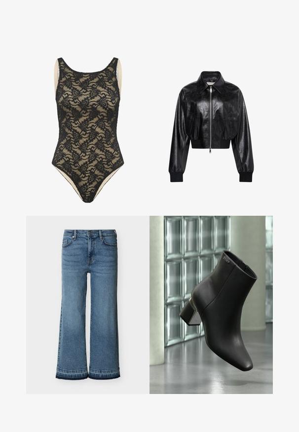 Μαύρο λαμπερό cropped bomber μπουφάν με ολόκληρο μπροστινό φερμουάρ, δύο πλαϊνές τσέπες, φαρδύ γιακά και ριμπ μανσέτες και ζώνη στη μέση.; Μαύρο floral δαντελωτό κορμάκι χωρίς μανίκια με γυμνή φόδρα και στρογγυλή λαιμόκοψη.; Τζιν παντελόνι με φαρδιά μπατζάκια και ψηλή μέση σε μπλε ντένιμ, με κουμπί και φερμουάρ στο κλείσιμο, εμπρόσθιες τσέπες, θηλιές για ζώνη και ραφές στο τελείωμα.; Μαύρο δερμάτινο μποτάκι μέχρι τον αστράγαλο με χοντρό τακούνι, λογότυπο DKNY κοντά στην κορυφή, παρουσιάζεται μπροστά από τοίχο από γυάλινα τούβλα και γυαλισμένο τσιμεντένιο πάτωμα.