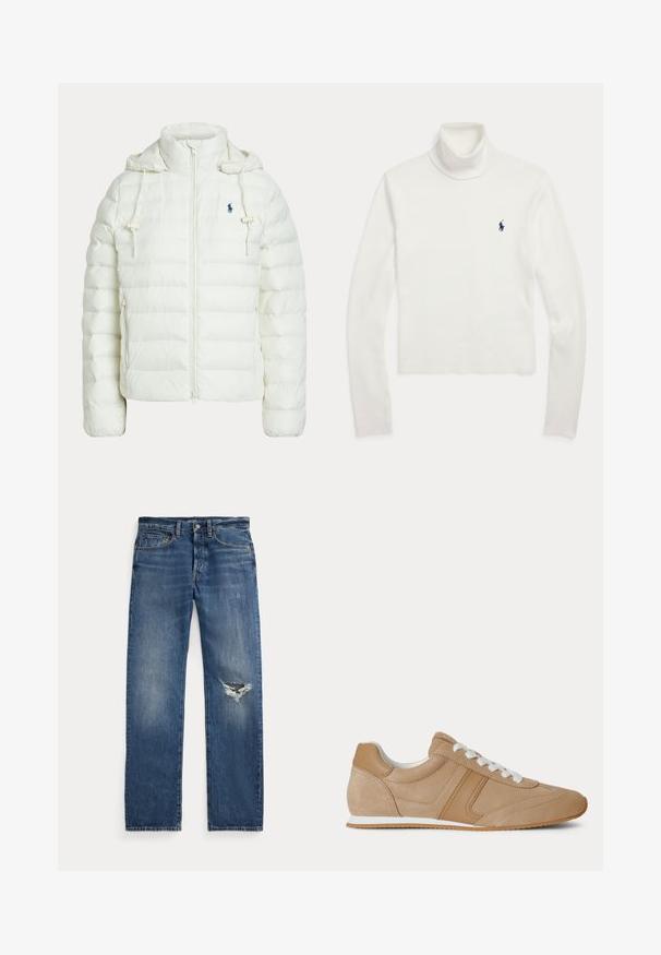 Veste blanche matelassée à capuche avec fermeture éclair frontale, cordons ajustables, poches latérales et petit logo sombre sur la poitrine.; Pull blanc à col roulé à manches longues avec un petit logo brodé bleu foncé sur le côté gauche de la poitrine.; Jean en denim bleu avec une taille mi-haute, cinq poches et une déchirure effilochée au genou droit.; Baskets basses en suède et cuir marron clair avec lacets blancs et semelle en caoutchouc blanc vues de profil sur fond blanc.