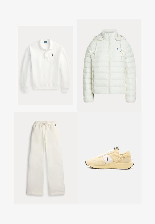 Veste blanche matelassée à capuche avec fermeture éclair frontale, cordons ajustables, poches latérales et petit logo sombre sur la poitrine.; Polo blanc à manches longues avec patte à deux boutons et petit logo bleu brodé sur la poitrine gauche.; Pantalon de survêtement blanc à jambes larges avec taille élastique, cordon, poches latérales et petit logo bleu marine près de la poche droite.; Baskets en mesh et daim beige avec lacets blancs, panneau latéral blanc avec logo cheval noir, et semelle beige avec semelle extérieure noire.