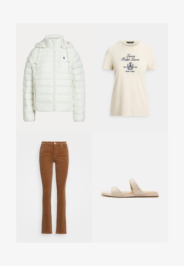 White quilted hooded jacket with front zipper, adjustable drawstrings, side pockets, and small dark logo on the chest.; Cream-colored cotton t-shirt with short sleeves and round neckline. Features embroidered navy logo and text: "Lauren Ralph Lauren EST. 1996 NEW YORK."; Brown corduroy flared jeans with a high waist, featuring a five-pocket design and front button closure. Soft texture with vertical ridges.; Beige flat sandals with two wide straps, one featuring a gold accent. Smooth leather material and a minimalistic design.