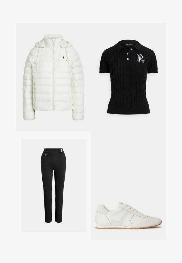 Hvid quiltet hættetrøje med frontlynlås, justerbare snore, sidelommer og lille mørkt logo på brystet.; Sort kortærmet polo med kabelstrikket tekstur, tre hvide knapper ved kraven og et broderet logo på venstre bryst.; Sorte slim-fit bukser med høj talje, dekorative guldknapper på taljen og en lille klaplomme på højre side.; Hvid lavtop sneaker med snørelukning foran, ruskind- og læderpaneler og en lysebrun gummisål på en hvid baggrund.