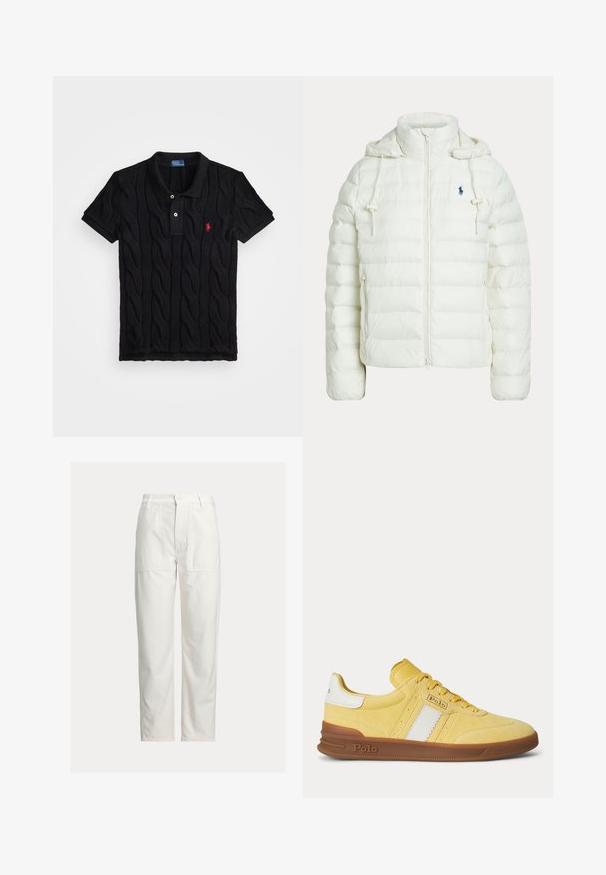 Hvid quiltet hættetrøje med frontlynlås, justerbare snore, sidelommer og lille mørkt logo på brystet.; Sort strikket polo shirt med kabelmønster, kortærmet, og en kontrasterende sort krave. Har tre knapper og rødt logo-detalje.; Hvide bukser med lige ben, store foran-lommer, bæltestropper og lukning med knap i taljen.; Gul ruskindssneaker med hvide striber, brun sål og Polo-logo på siden og sålen, vist mod en ensfarvet baggrund.