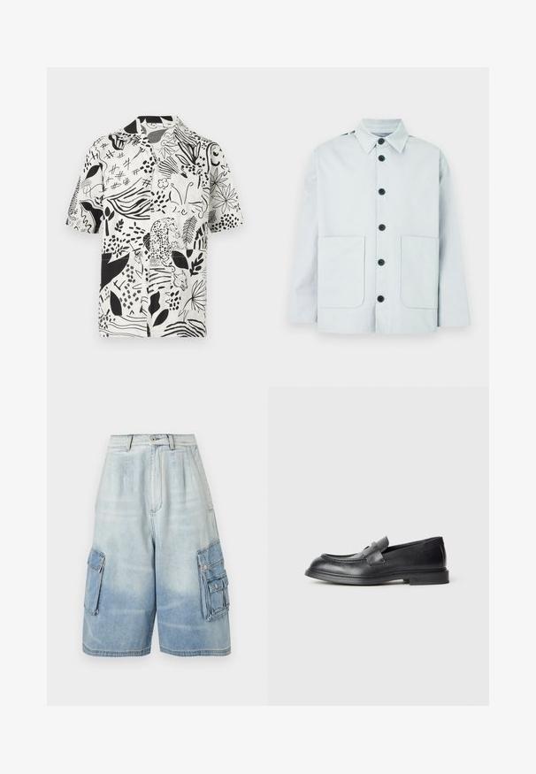Veste en coton bleu clair avec col pointu, boutons noirs, deux poches avant et légers accents aux épaules. Design simple et fonctionnel.; Chemise à manches courtes boutonnée avec imprimé nature abstrait en noir et blanc, comprenant des illustrations de feuilles, fleurs, papillon, léopard et renard.; Short cargo en denim bleu clair avec plusieurs poches à rabat et fermetures par boutons, taille haute et coupe jambes larges.; Mocassins en cuir noir avec une finition texturée, dotés d'une bride décorative à l'avant et d'un bout arrondi. Semelle en caoutchouc pour plus de durabilité.