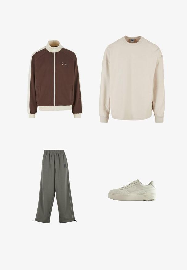 Bruine jas met ritssluiting, crèmekleurige accenten, geribde kraag en elastische manchetten. Voorzien van zijzakken en een geborduurd logo op de borst.; Beige geribbelde sweatshirt met lange mouwen en een ronde halslijn, met verlaagde schouders en geribbelde manchetten. Zachte textuur en een ontspannen pasvorm.; Karl Kani KK OS SIDESTRIPE - Broek - grey; Beige lage sneaker met veters aan de voorkant, dikke zool en subtiel gestikt ontwerp aan de zijkant, getoond vanaf de buitenkant.