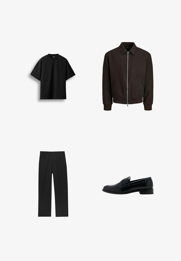 Veste bomber marron en tissu texturé, dotée d'une fermeture éclair frontale, de deux poches latérales, et de poignets et ourlets côtelés.; T-shirt noir à manches courtes et col rond, présenté à plat sur un fond blanc avec une petite étiquette visible au niveau du col.; Pantalons noirs au design droit, fabriqués à partir d'un tissu lisse. Dotés de plis sur le devant et d'une fermeture à un bouton à la taille.; Mocassin en cuir noir avec un talon bas, un bout rond et un détail classique de bride à penny sur le dessus.