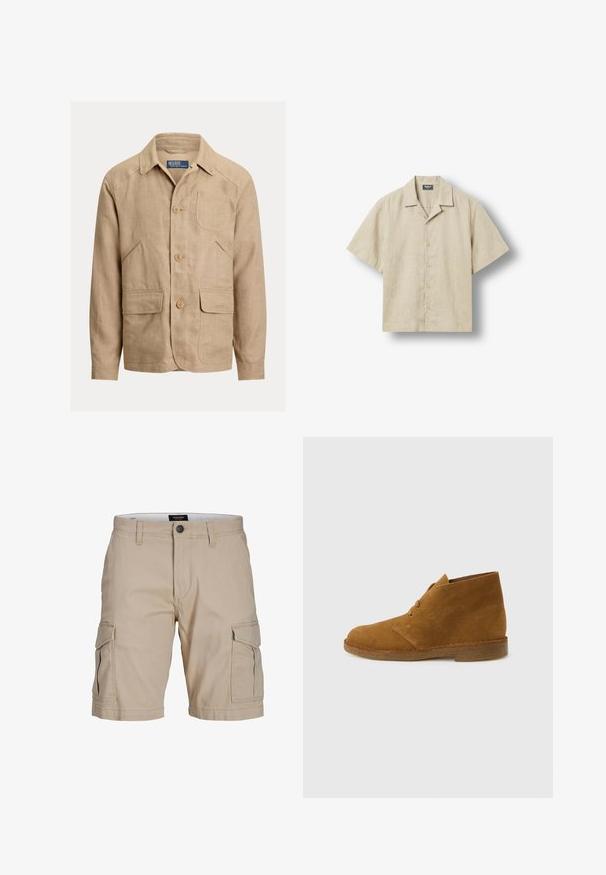 Ανδρικό μπεζ λινό σακάκι με γιακά, τρία κουμπιά μπροστά, μία τσέπη στο στήθος και δύο τσέπες με καπάκι στο ύψος της μέσης.; Μπεζ κοντομάνικο πουκάμισο με κουμπιά, γιακά τύπου κάμπινγκ, πέντε κουμπιά μπροστά και ετικέτα της μάρκας στο εσωτερικό του γιακά.; Μπεζ cargo σορτς με κλείσιμο με κουμπί, θηλιές για ζώνη και τσέπες με καπάκι και στις δύο πλευρές.; Καφέ σουέντ μποτάκι ερήμου μέχρι τον αστράγαλο με δύο οπές και σόλα κρέπ σε απλό ανοιχτό γκρι φόντο.