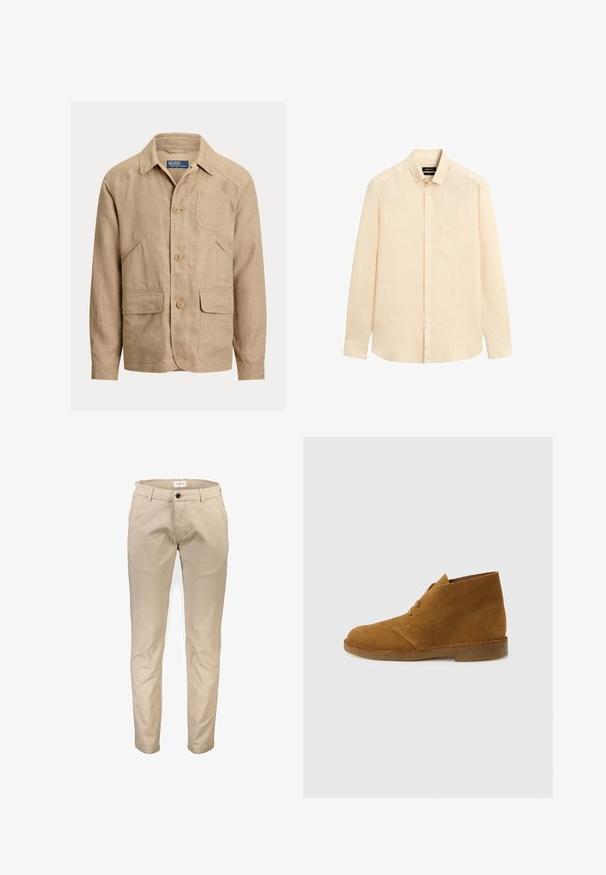 Herre beige linnedjakke med krave, tre knapper foran, en brystlomme og to klaplommer i taljeniveau.; Langærmet beige skjorte med knapper og brystlomme, vist på hvid baggrund.; Beige bomuldsbukser med lige ben, der har frontlommer, lynlås og en enkelt knaplukning. Glat tekstur, uden mønstre.; Brun ruskinds ørkenstøvle, ankelhøj, med to snørehuller og crepesål på ensartet lysegrå baggrund.