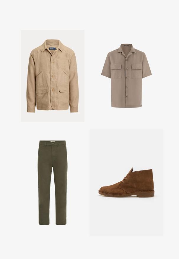 Herre beige linnedjakke med krave, tre knapper foran, en brystlomme og to klaplommer i taljeniveau.; Beige kortærmet skjorte med knapper, to frontlommer med klap og en spredt krave, vist på hvid baggrund.; Herregrønne casual bukser med lige ben, knaplukning og bæltestropper, designet til hverdagsbrug.; Brune ruskind ankelstøvler med en afrundet tå, minimal syning, en kort pløs og en gummisål for godt greb.