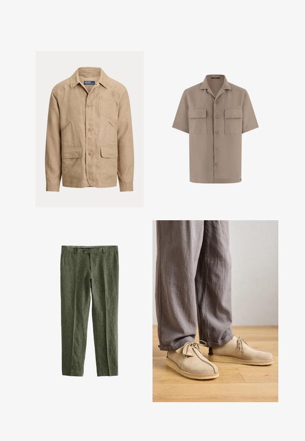 Herre beige linnedjakke med krave, tre knapper foran, en brystlomme og to klaplommer i taljeniveau.; Beige kortærmet skjorte med knapper, to frontlommer med klap og en spredt krave, vist på hvid baggrund.; Next SIGNATURE - REGULAR FIT - Bukser - olive green; Beige ruskindssko med rund tå, snørredetaljer og sømme, parret med løse grå linnedbukser på et trægulv.
