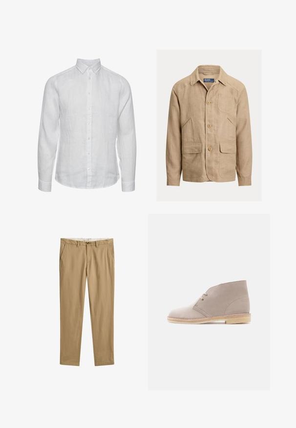 Herre beige linnedjakke med krave, tre knapper foran, en brystlomme og to klaplommer i taljeniveau.; Hvid linned skjorte med lange ærmer og knap-ned krave, frontknaplukning og en subtil tekstureret finish. Ingen synlige mønstre eller accenter.; Beige afslappede bukser med lige ben, bæltestropper, frontknap og lynlås, samt sidelommer, frontudsigt.; Beige ruskindsankelstøvle med to-huls snørebånd, crepe-sål og lav stakket hæl, vist fra siden på en ensfarvet baggrund.