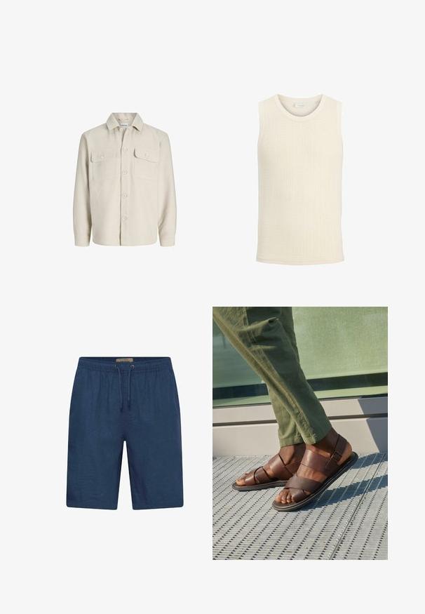 Surchemise beige à manches longues avec cinq boutons devant, deux poches poitrine à rabats et boutons, et un col en pointe.; Gilet en tricot sans manches de couleur crème avec un col rond et une texture côtelée.; Short de bain bleu marine en tissu léger, avec une taille élastique et un cordon de serrage, coupe droite.; Sandales en cuir marron avec un design à lanières, ornées d'un détail de boucle, portées avec un pantalon vert sur une surface texturée.