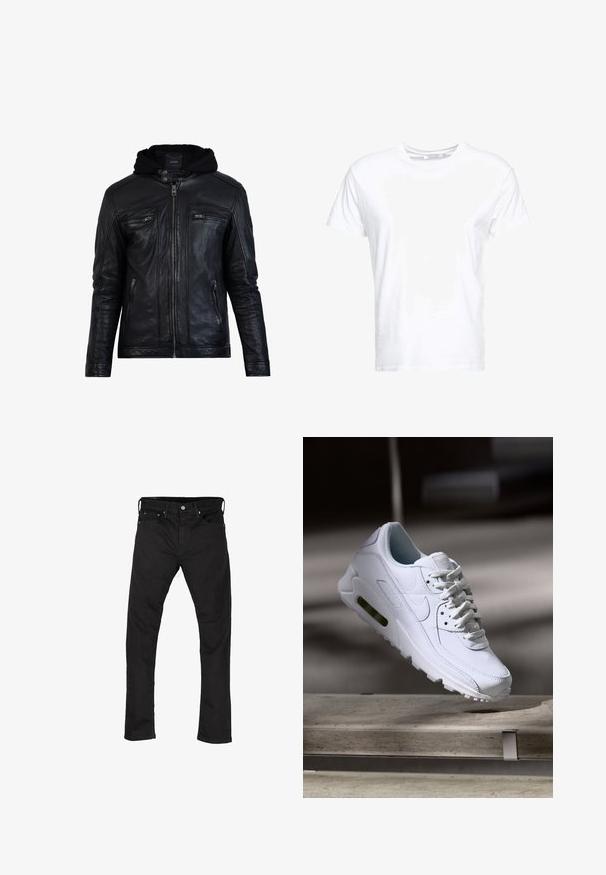 Zwarte leren jas met een ritssluiting aan de voorkant, capuchon en twee borstzakken. Heeft een gladde textuur en zichtbare stikseldetails.; Witte katoenen t-shirt met een ronde hals en korte mouwen, in een klassiek model met een gladde textuur. Geen patronen of hardware zichtbaar.; Zwarte spijkerbroek van denim met een rechte pijp, vijf zakken en een metalen knoopsluiting. Gladde textuur en uniforme kleur door het hele ontwerp.; Witte leren sneaker met gestructureerde oppervlakken, gevoerde kraag en zichtbare luchtbescherming in de zool. Heeft veters en een minimalistisch ontwerp.